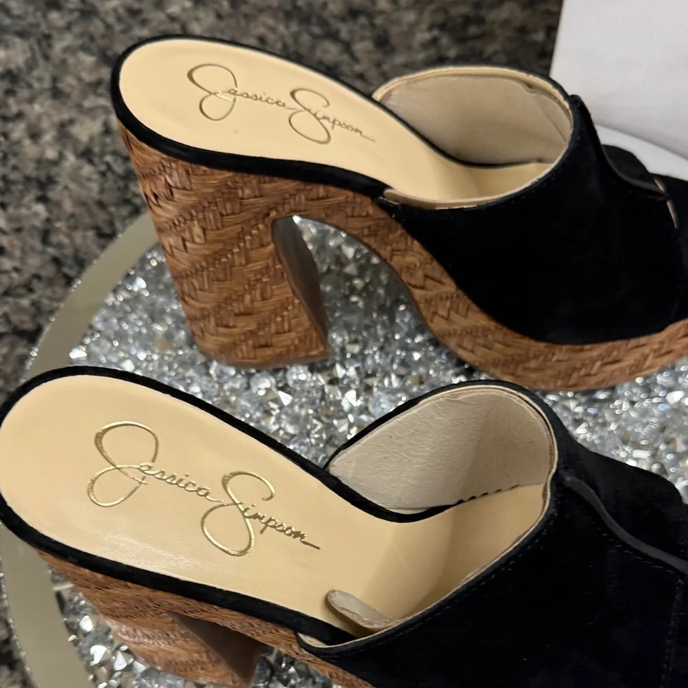 Jessica Simpson Black Suede Platform Mule Heels with Woven Brown Platform